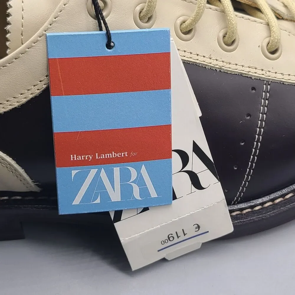 Zara x Harry Lambert Leather Brown cream Oxford lace-up Shoes Size 41 US 8 new